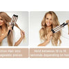A professional triple barrel ceramic hair curling iron shown with usage instructions for managing hair in sections.