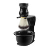 A black professional shaving kit featuring a stand, bowl, and a brush.