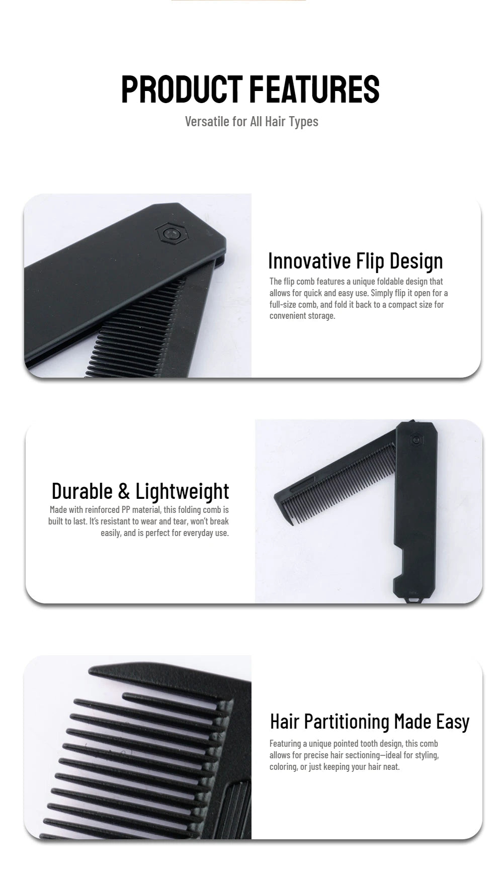 Peigne noir pliable avec design à feu et dents pour coiffer ou masser