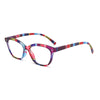Retro cat eye reading glasses with a multicolored striped frame and anti-blue light filter