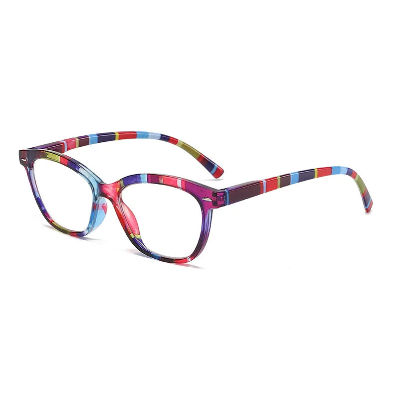 Retro cat eye reading glasses with a multicolored striped frame and anti-blue light filter