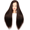 A professional cosmetology mannequin head with long, straight, black hair.