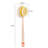 A long-handle loofah back scrubber with a yellow mesh sponge and white fluff, shown against a white background.