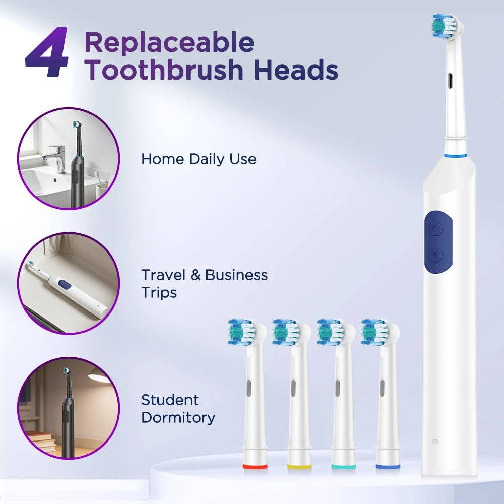 A white rechargeable electric toothbrush with four replaceable heads is shown next to various usage contexts.