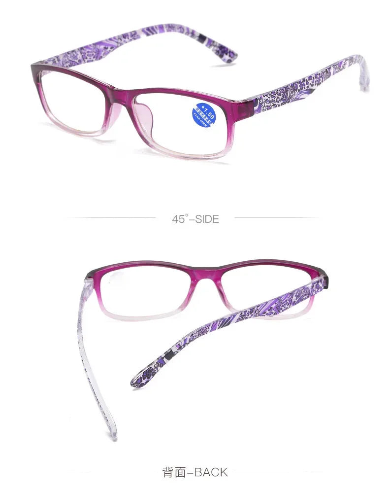 Purple patterned retro style anti-blue light reading glasses shown from the front and side angle.