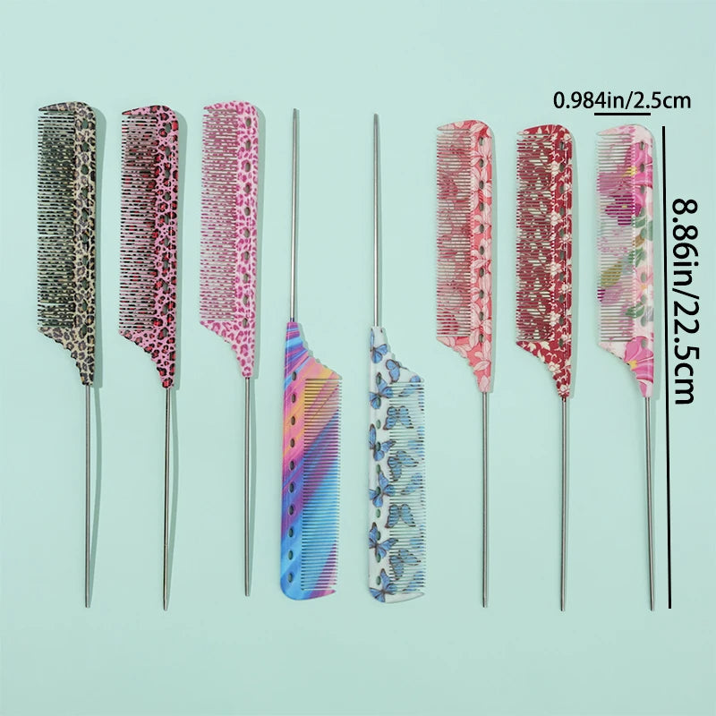 A set of eight anti-static rat tail combs in various pink and purple patterns displayed against a light green background.