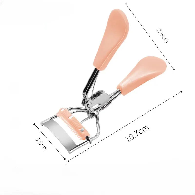 A pink pro makeup eyelash curler tool with a silver clamp and plastic curler arms.