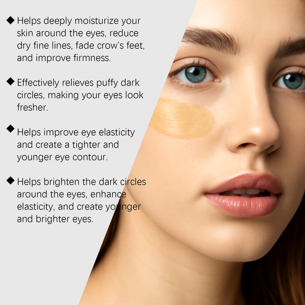 Close-up of a woman applying a golden eye cream to her under eyes.