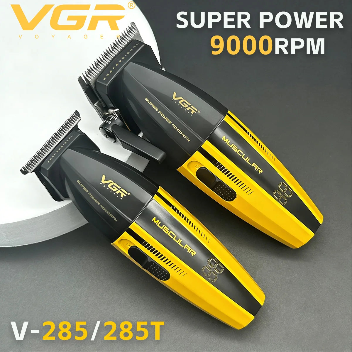 A pair of VGR Super Power 9000RPM electric hair clippers, model V-285/285T, shown against a dark background.