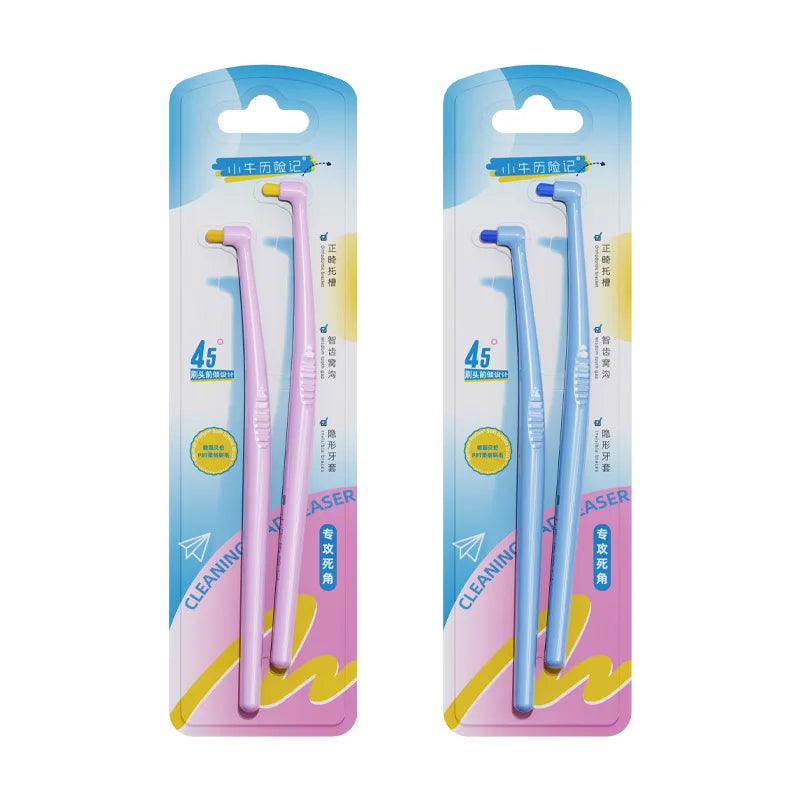 Un pack double de brosses orthodontiques roses avec emballage bleu et accents jaunes.