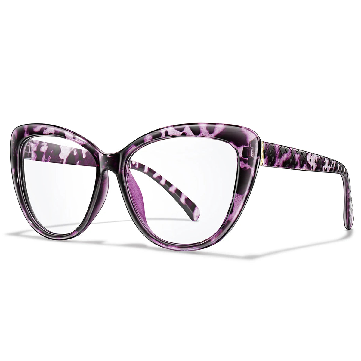 Purple and white patterned clear cateye reading glasses with a tortoiseshell frame