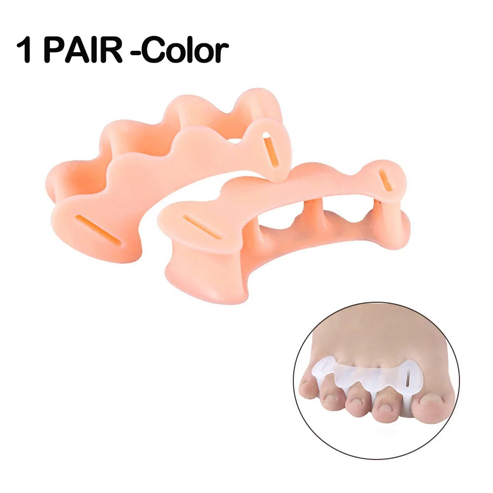 A pair of peach-colored silicone toe separators shown next to a hand demonstrating their use for foot care.