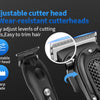 Close-up view of an adjustable cutter head and wear-resistant cutterheads for a professional cordless hair clipper set.