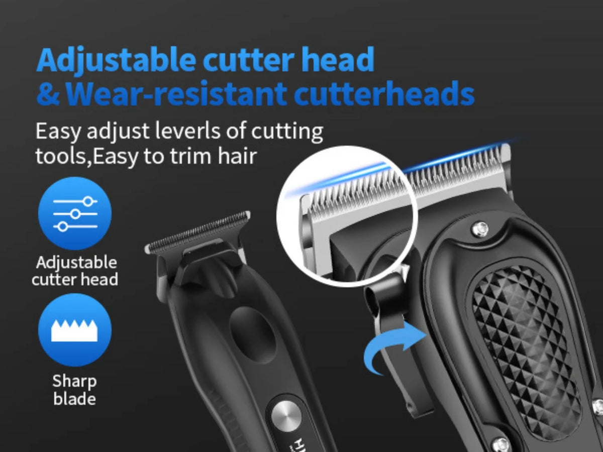 Close-up view of an adjustable cutter head and wear-resistant cutterheads for a professional cordless hair clipper set.