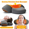 A heating vibration neck massager device shown next to a woman using it for massage and relaxation.