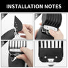 Installation notes showing how to attach precision cutting guides to a hair clipper.