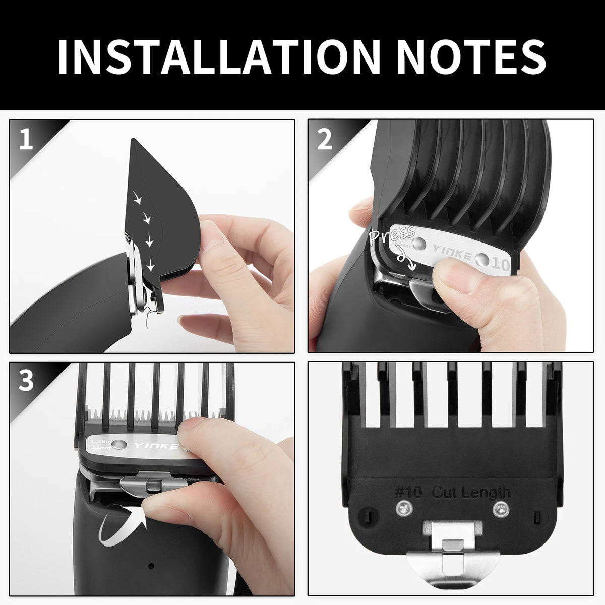 Installation notes showing how to attach precision cutting guides to a hair clipper.