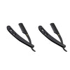 A pair of black professional stainless steel straight edge barber razors.