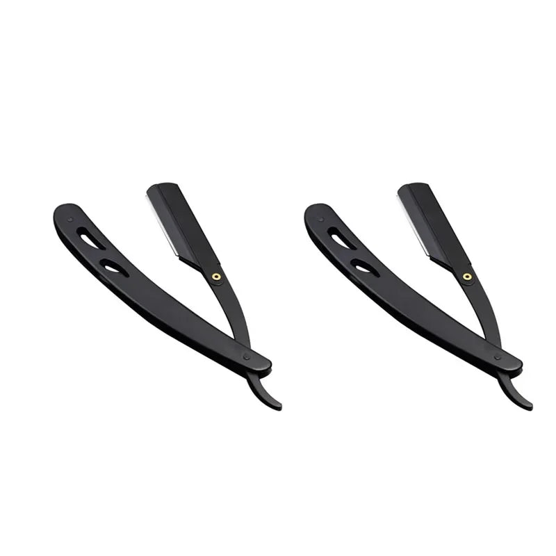 A pair of black professional stainless steel straight edge barber razors.