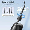A black water flosser with a detachable tip, showing four replacement tips and a 360-degree view.
