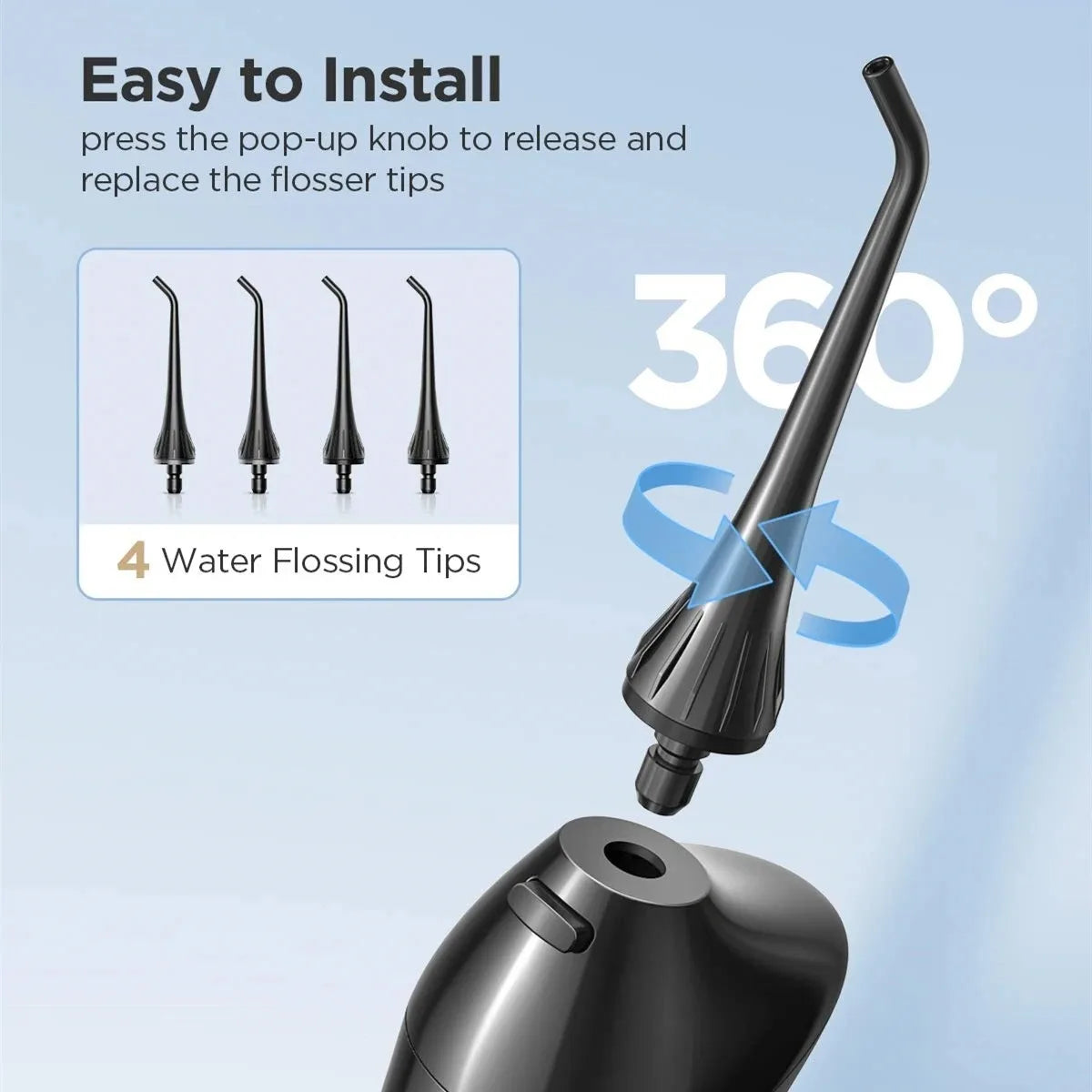 A black water flosser with a detachable tip, showing four replacement tips and a 360-degree view.