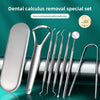 A set of stainless steel dental calculus removal tools including scrapers and probes for oral hygiene