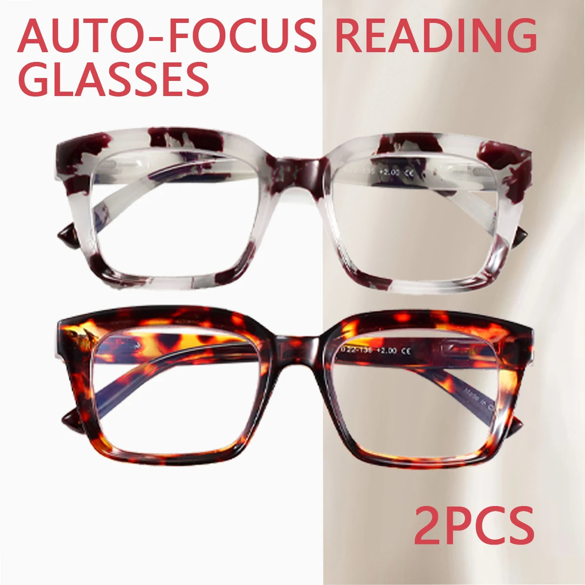 A pair of auto-focus reading glasses with a tortoiseshell and leopard print frame shown against a white background.