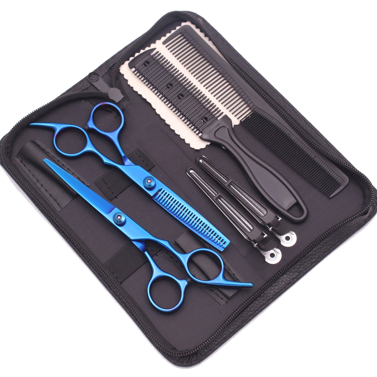 A black case holding professional stainless steel hairdressing scissors and a comb.
