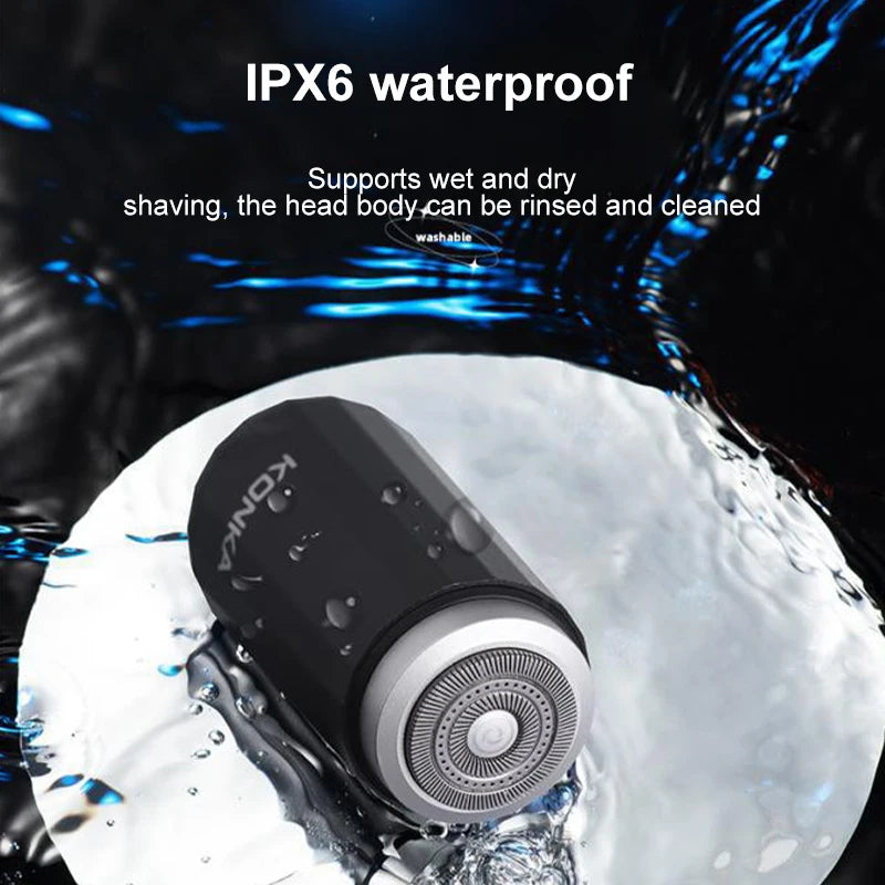 A black electric shaver is shown being rinsed under water, demonstrating its IPX6 waterproof feature.