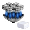 A silver electric shaver head with multiple replaceable floating blades shown above its white packaging.