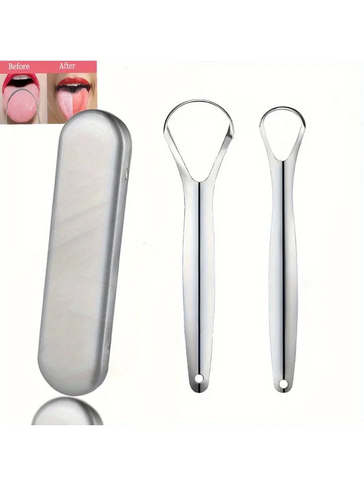 Set of stainless steel tongue scrapers showing before and after results for oral hygiene