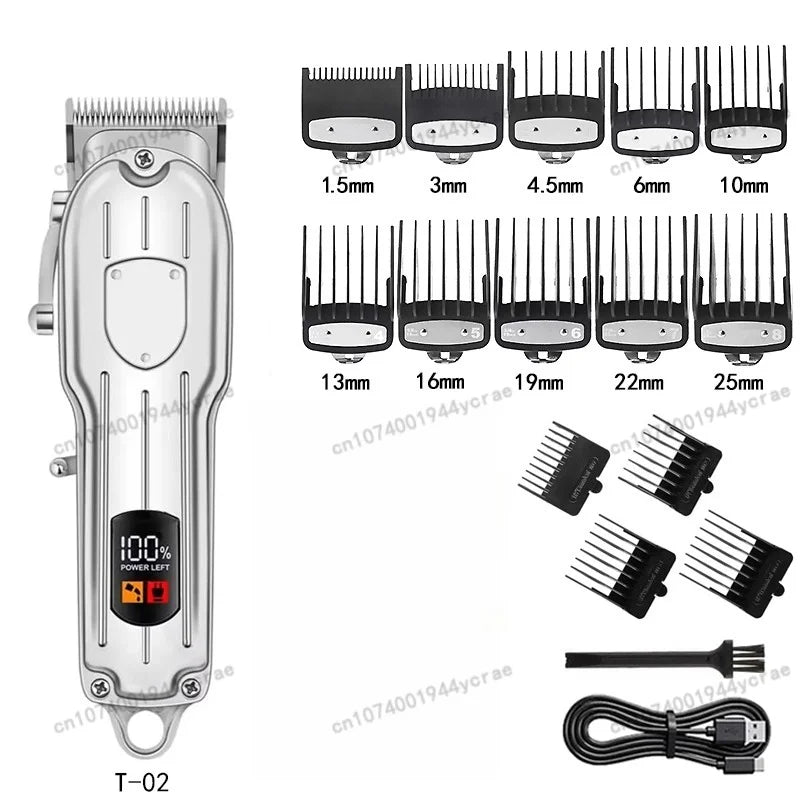 A set of professional cordless hair clipper and trimmer attachments with various guard sizes and a power unit.