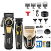 A set of professional rechargeable electric hair clippers including various guards and accessories.