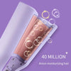 A close-up of a professional electric curling iron in light purple and rose gold tones, showing swirling light effects on the