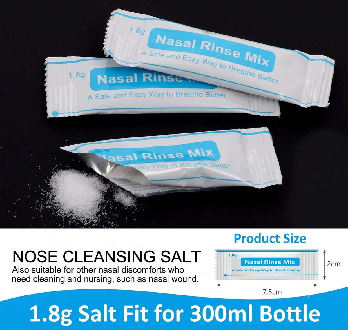 Packets of Nasal Rinse Mix salt for nasal irrigation shown next to a measurement guide.