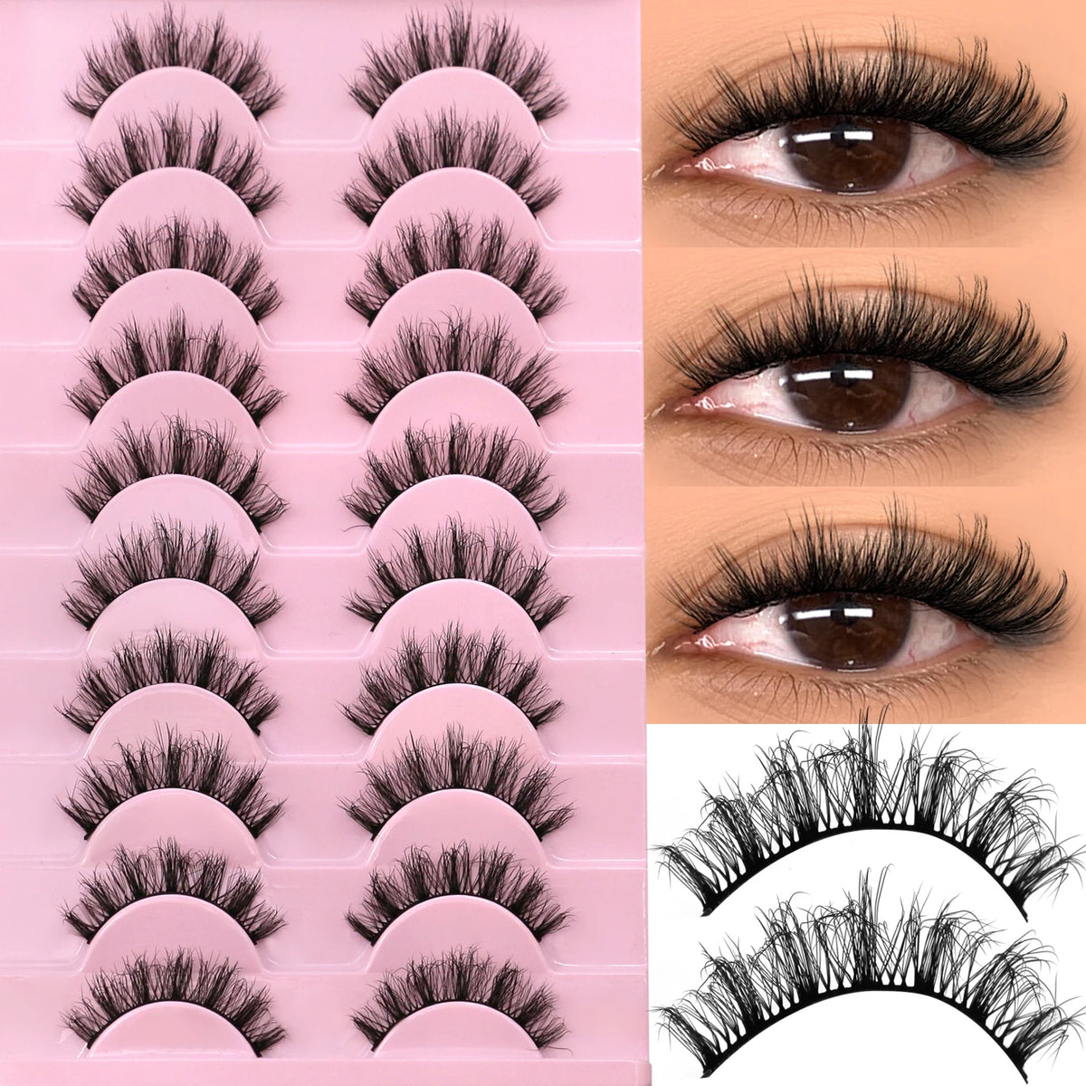 A collection of pink and black wispy cat eye false eyelashes displayed in various styles.