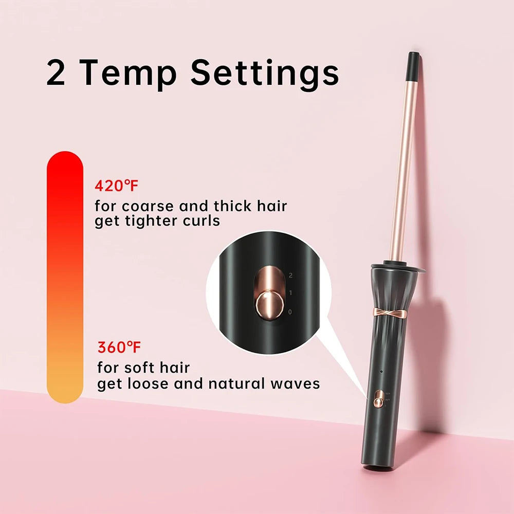 Black ceramic curling wand with a temperature control dial demonstrating 2 temp settings for hair curls