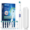 A box and several white rechargeable electric rotary toothbrushes are displayed next to a white charging base.