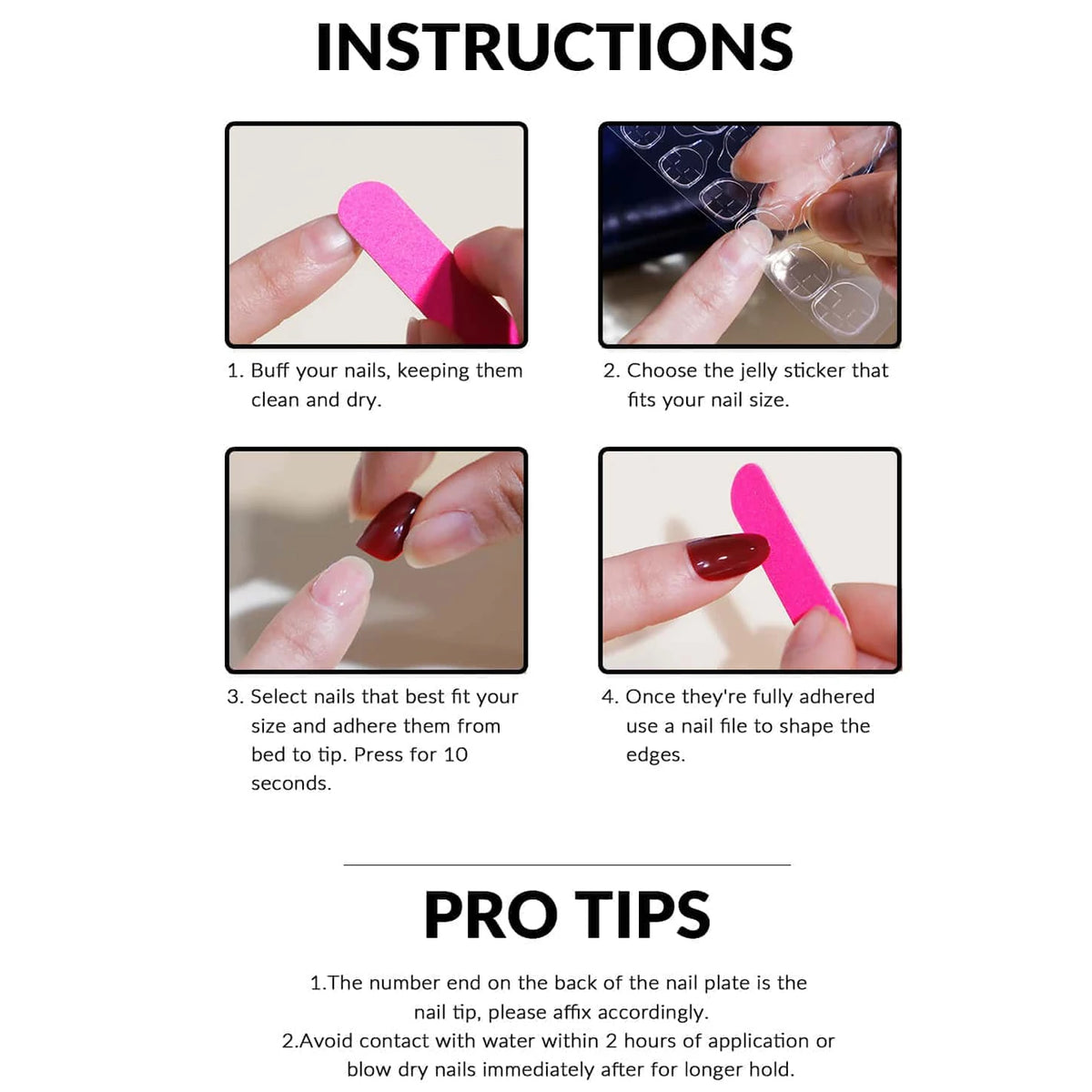 Instructions for applying reusable press-on acrylic false nails, showing steps like buffing nails and adhering the tips.