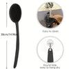 Black silicone back scrubber brush with a long handle shown alongside instructions for easy cleaning and hanging dry