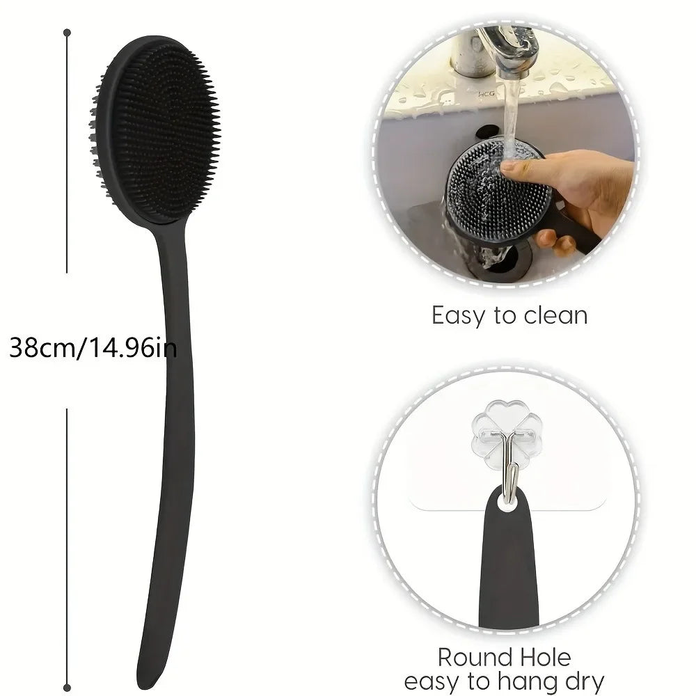 Black silicone back scrubber brush with a long handle shown alongside instructions for easy cleaning and hanging dry