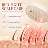 A close-up of a red light scalp care device emitting light onto skin, with stylized light beams and droplets.