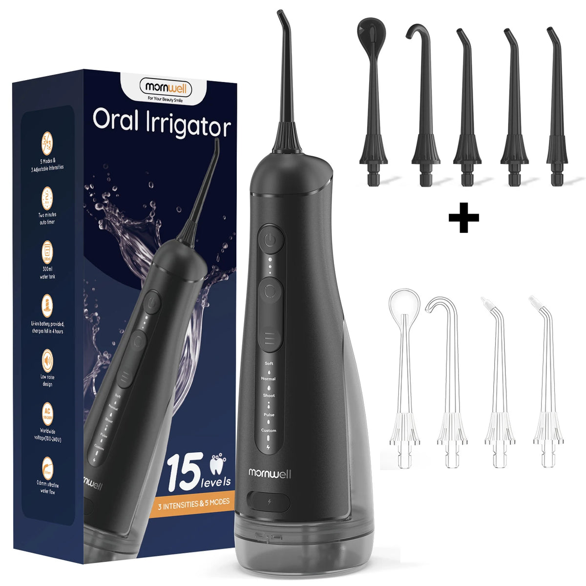 A black momwell oral irrigator device shown with various tips and accessories.