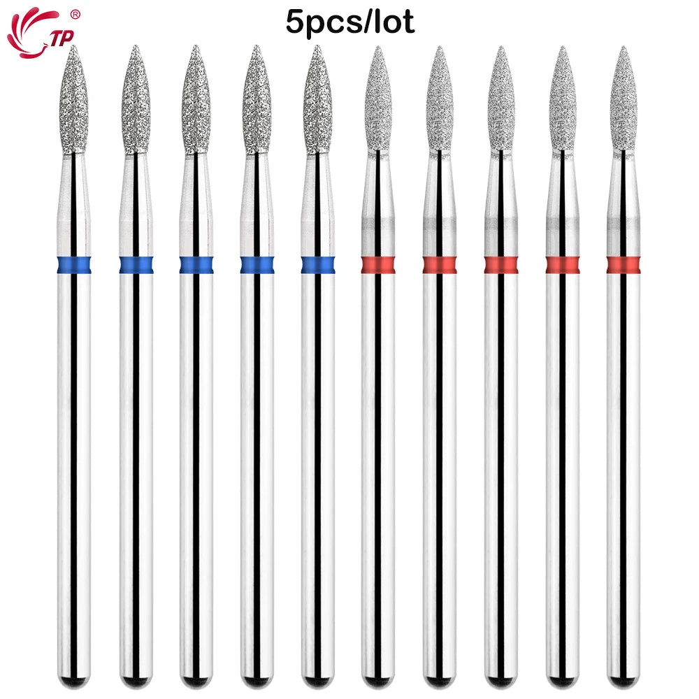 A set of five diamond nail drill bits for professional manicures, shown vertically.