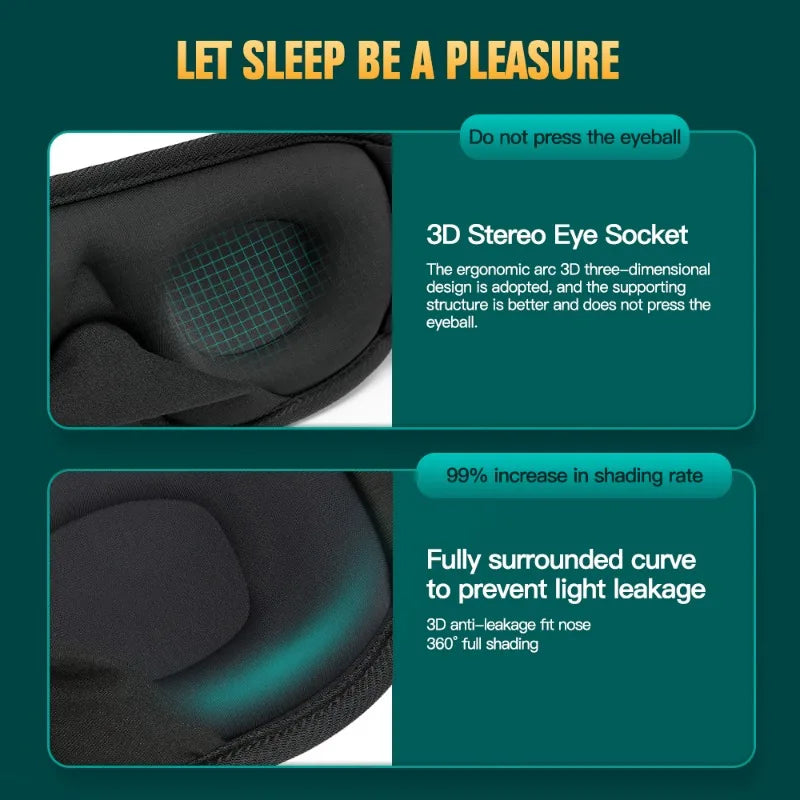 A black 3D stereo eye socket sleeping mask designed to prevent pressure and provide full shading.