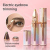 Electric eyebrow trimming tool with double headed replaceable tips shown next to the full product.