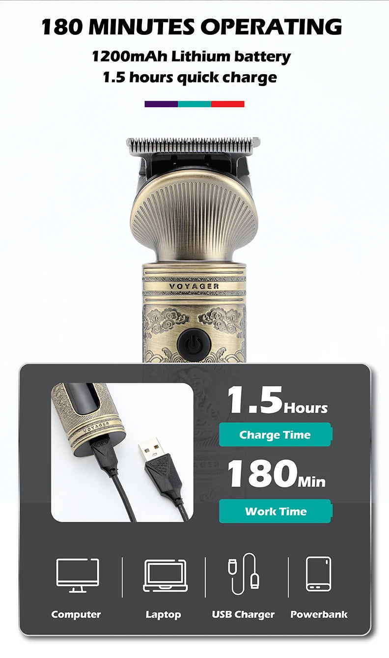 A Voyager electric hair trimmer with a battery and charging cable shown alongside various electronic devices.