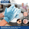 A hand wearing a blue exfoliating bath glove is shown next to text promoting skin benefits.