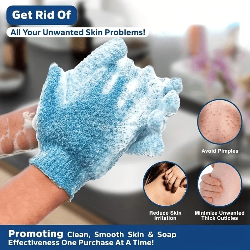 A hand wearing a blue exfoliating bath glove is shown next to text promoting skin benefits.