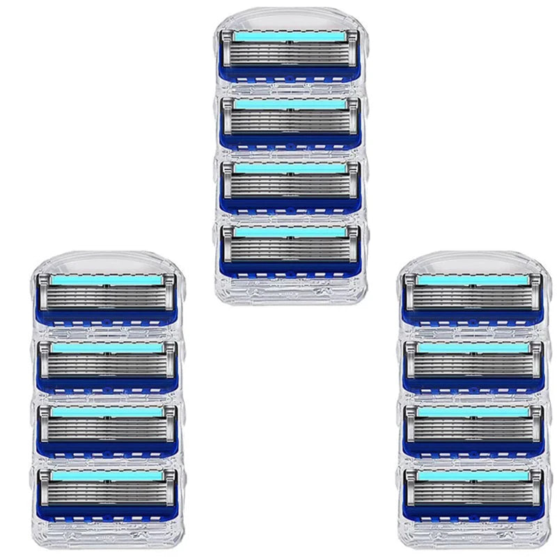 A set of reusable stainless steel shavers with blue accents displayed in individual clear plastic packaging.